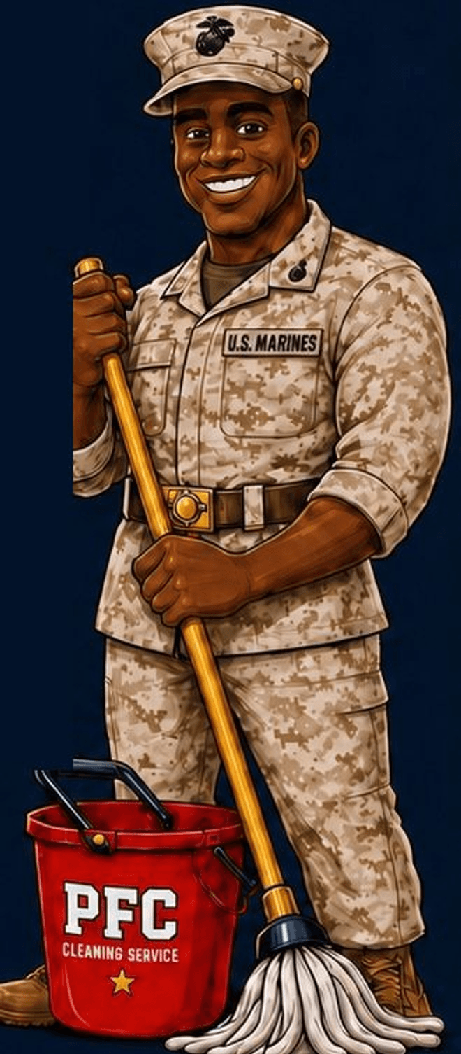 PFC Cleaning Service Marine in desert camouflage holding a mop beside a red PFC cleaning bucket